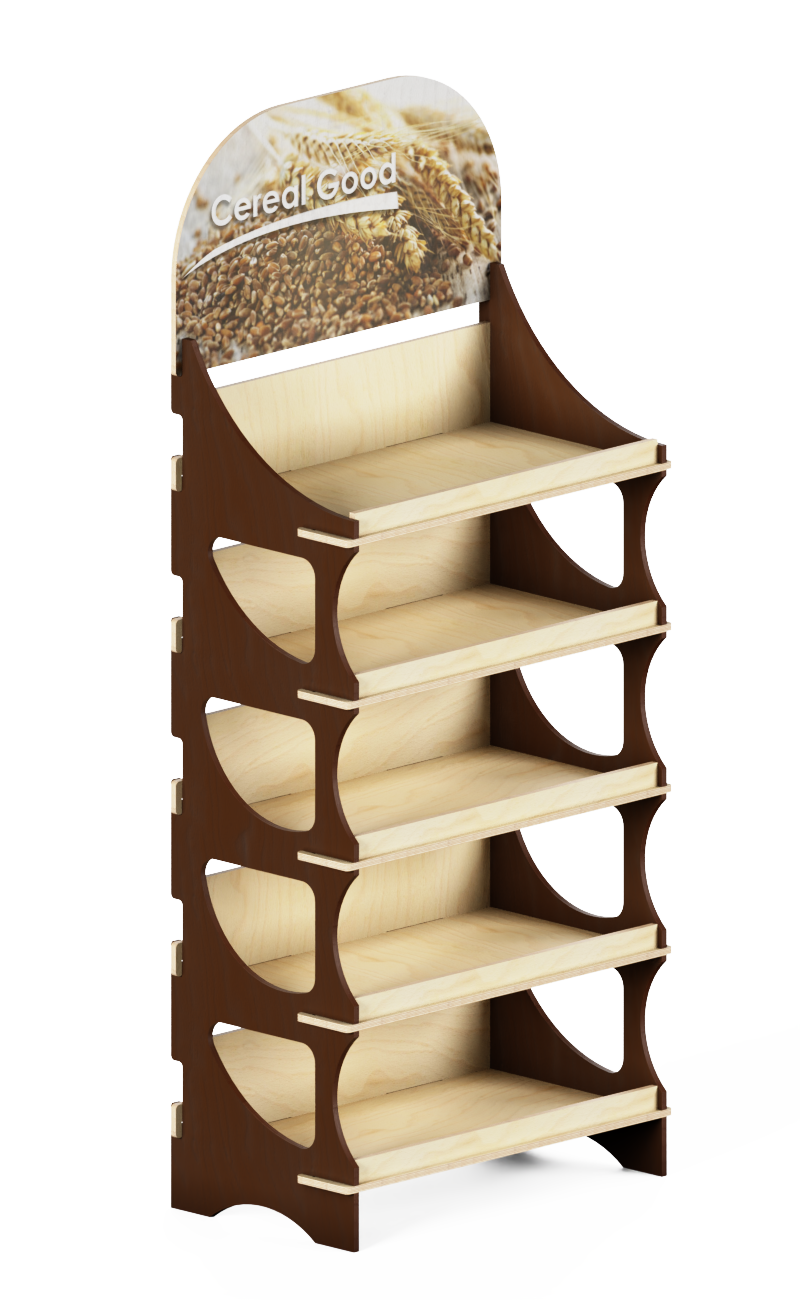 E105 - wooden stand display, 5 shelves and brown sides