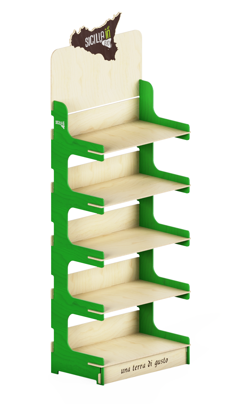 wooden shelf with green colored sides and sicily shaped top
