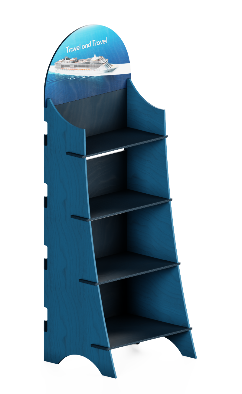 shelf with tiered shelves and light blue color. Print on top and interlocking system