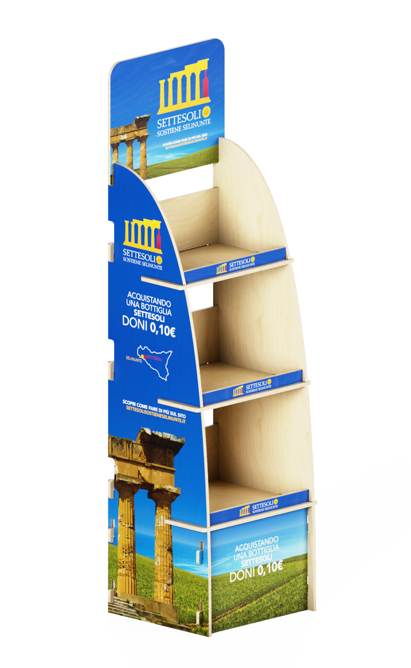 e114 - promotional display with tiered shelves and blue print on all sides
