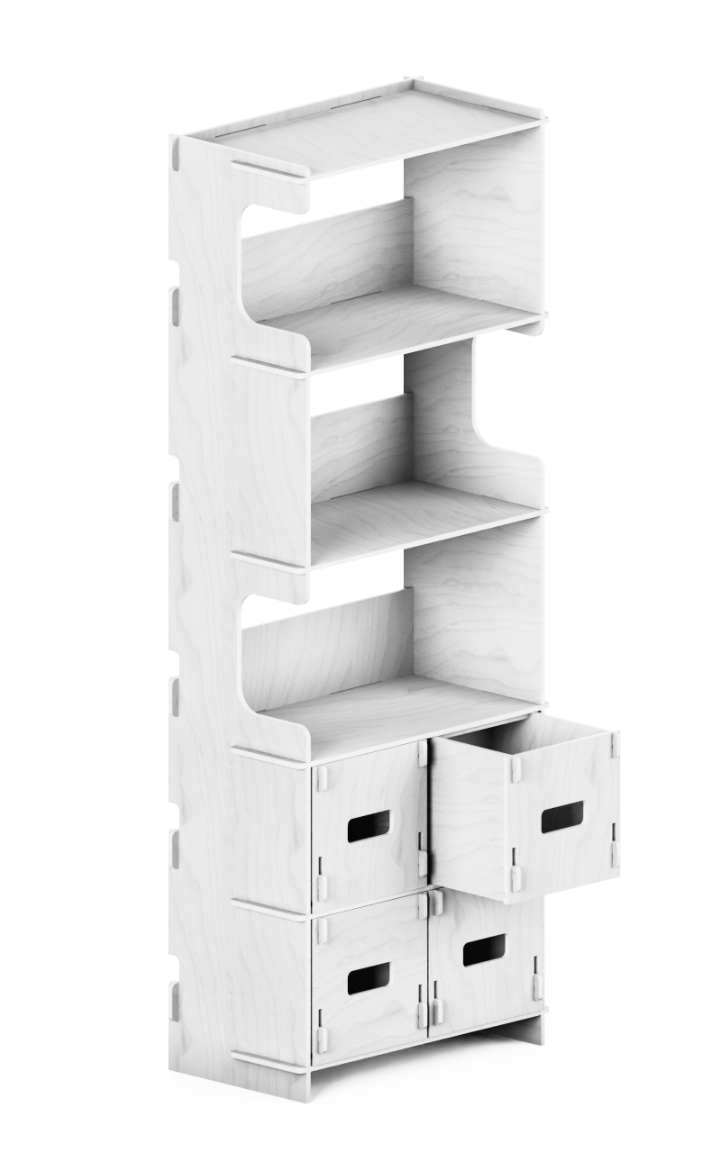 e115 - shop furniture in white wood with interlocking drawers