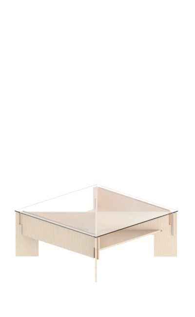 tavolo da salotto basso ad incastro in legno di betulla e ripiano in plex o vetro
