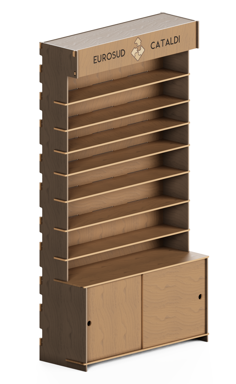 Walnut colored stand display with 8 shelves and sliding doors