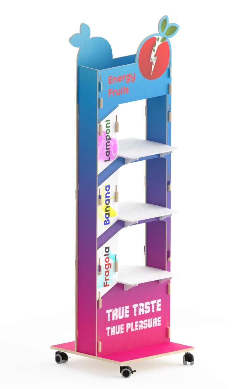 Colorful promotional stand display with shaped top