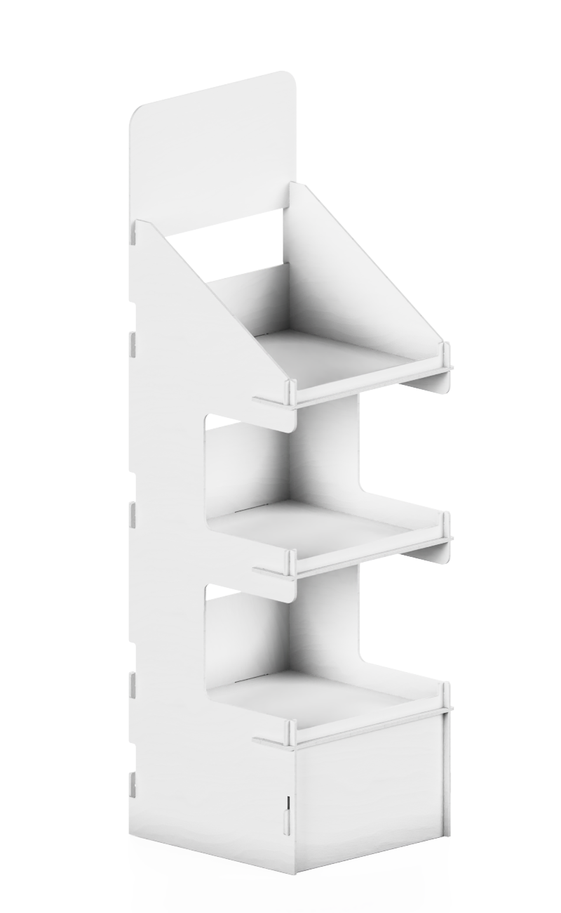 Wooden interlocking display stand painted white with three big shelves