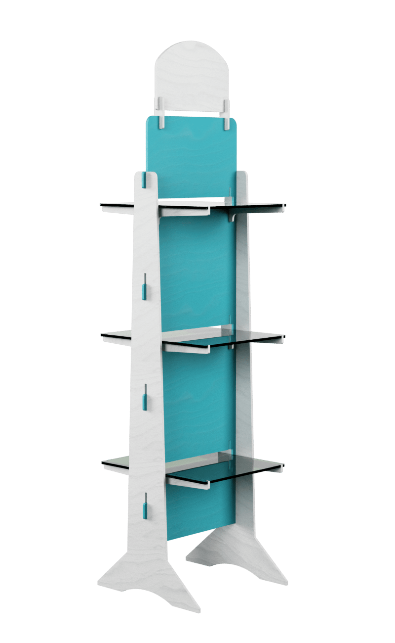 White and blue painted wooden shelf with print on top and plexiglass shelves