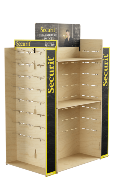 Espositore con ganci in legno per negozi. Stile isola