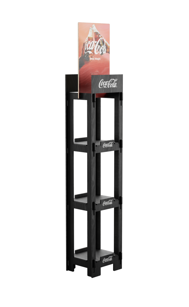 Black wooden floor display with four shelves and interlocking structure