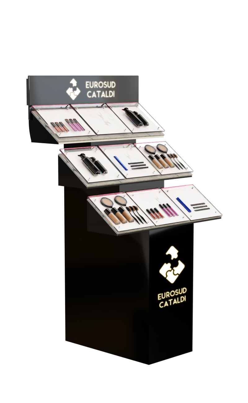 Struttura espositiva in legno verniciato nero con scaffali per prodotti beauty e logo illuminato