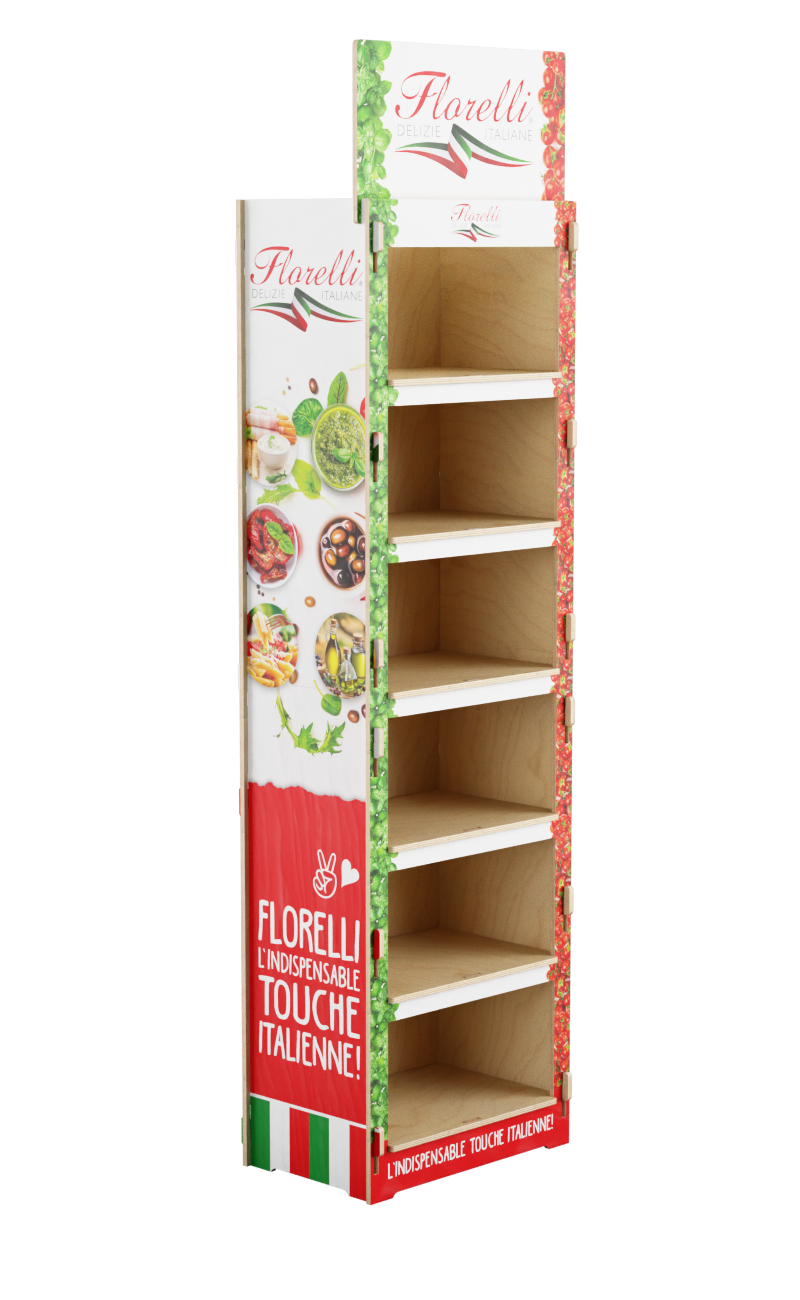 Struttura espositiva in legno decorato con immagini di ingredienti italiani e ripiani multipli